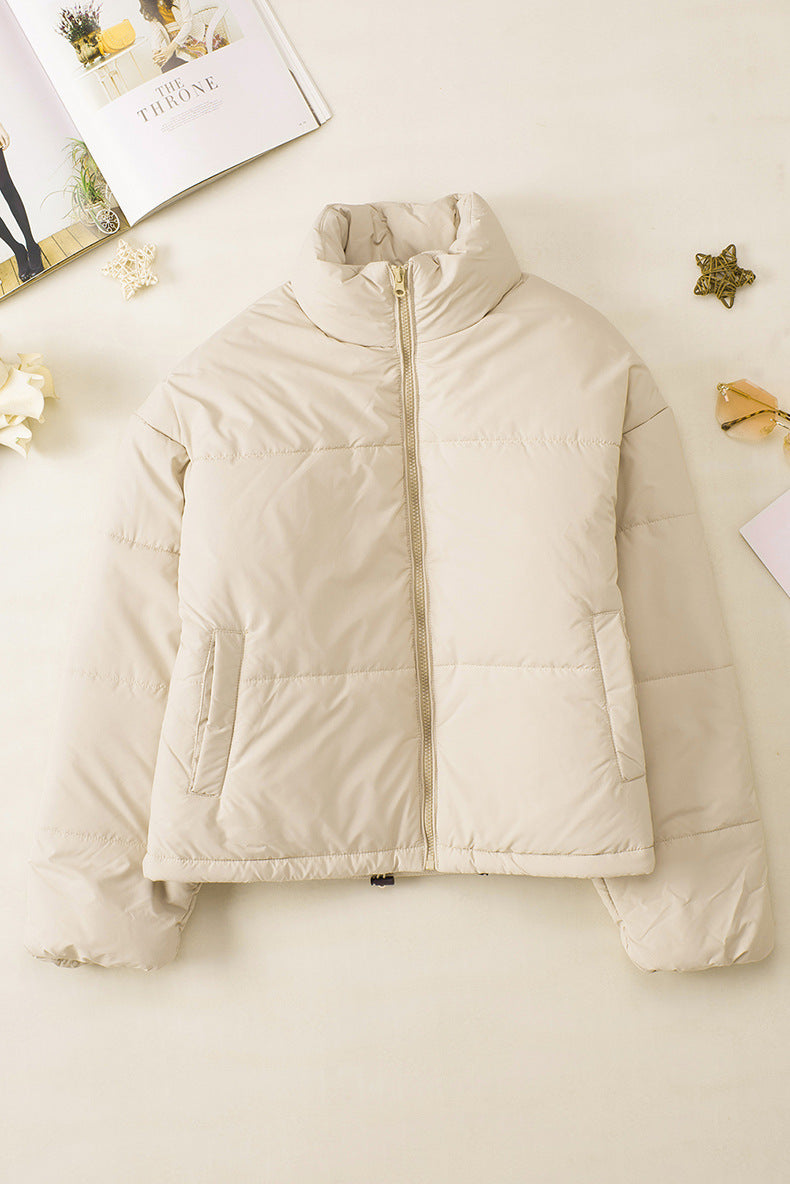 Casual All Matching Solid Color Warm Keeping Cotton Padded Coat Women Winter Stand Collar Thick Zipper Jacket Women - ALTARIA