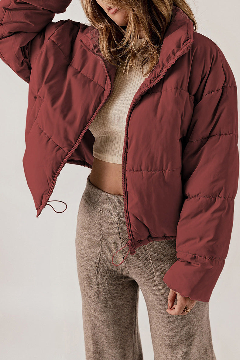 Casual All Matching Solid Color Warm Keeping Cotton Padded Coat Women Winter Stand Collar Thick Zipper Jacket Women - ALTARIA
