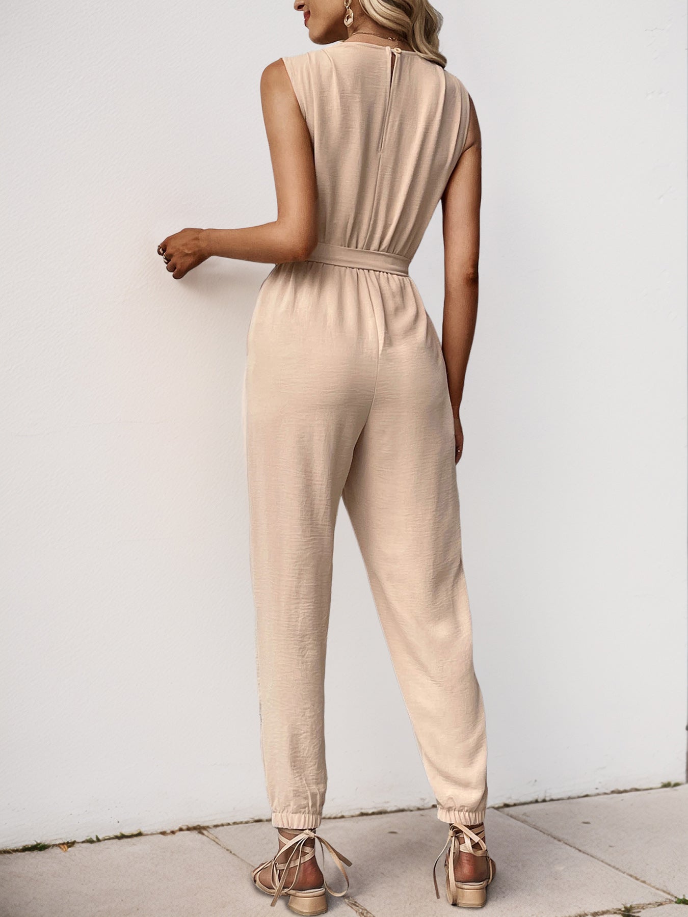 Casual Comfortable Lace up Pocket Sleeveless Solid Color Ankle Tied One Piece Trousers - ALTARIA