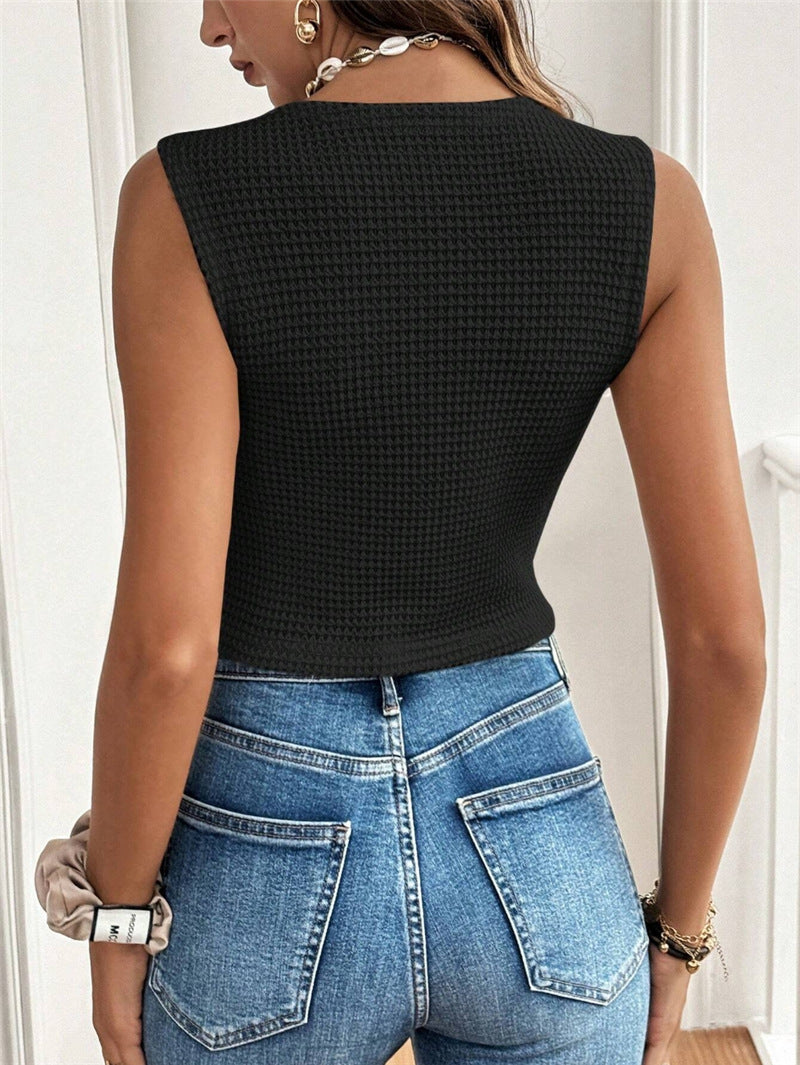 Casual Simple V neck Three Button Women Vest T shirt Top - ALTARIA