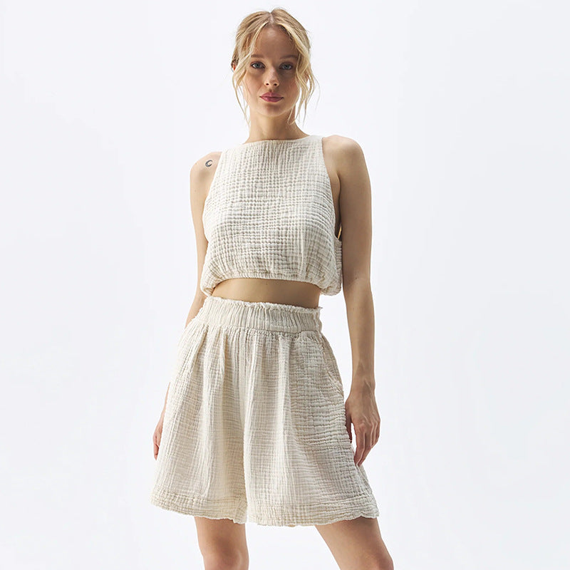 Cotton Casual Two Piece Sets Summer High Elastic Tight Waist Wide Leg Shorts Hollow Out Cutout Backless Sleeveless Vest - ALTARIA