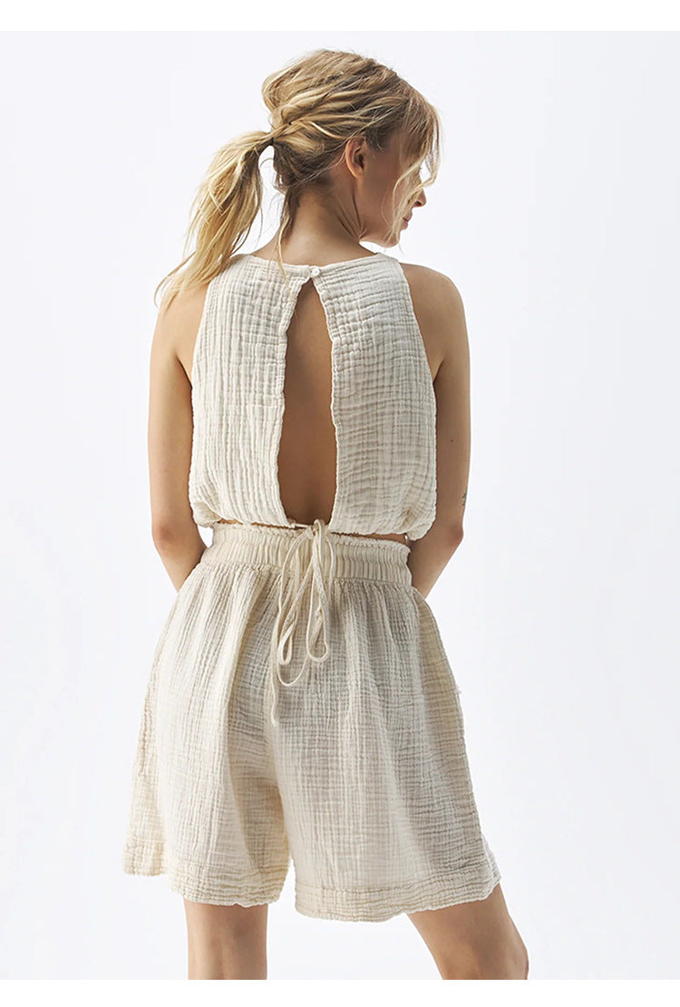 Cotton Casual Two Piece Sets Summer High Elastic Tight Waist Wide Leg Shorts Hollow Out Cutout Backless Sleeveless Vest - ALTARIA