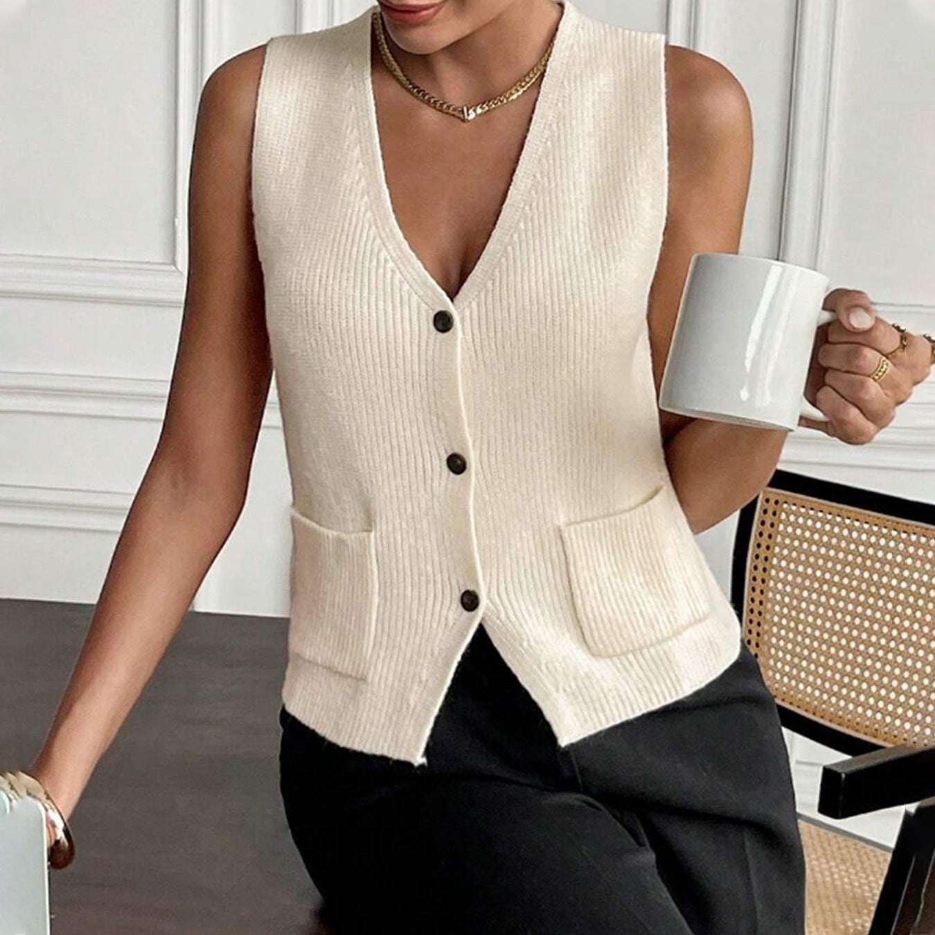 Solid Color Single Breasted Sweater Vest Summer V neck Pocket Knitted Vest - ALTARIA