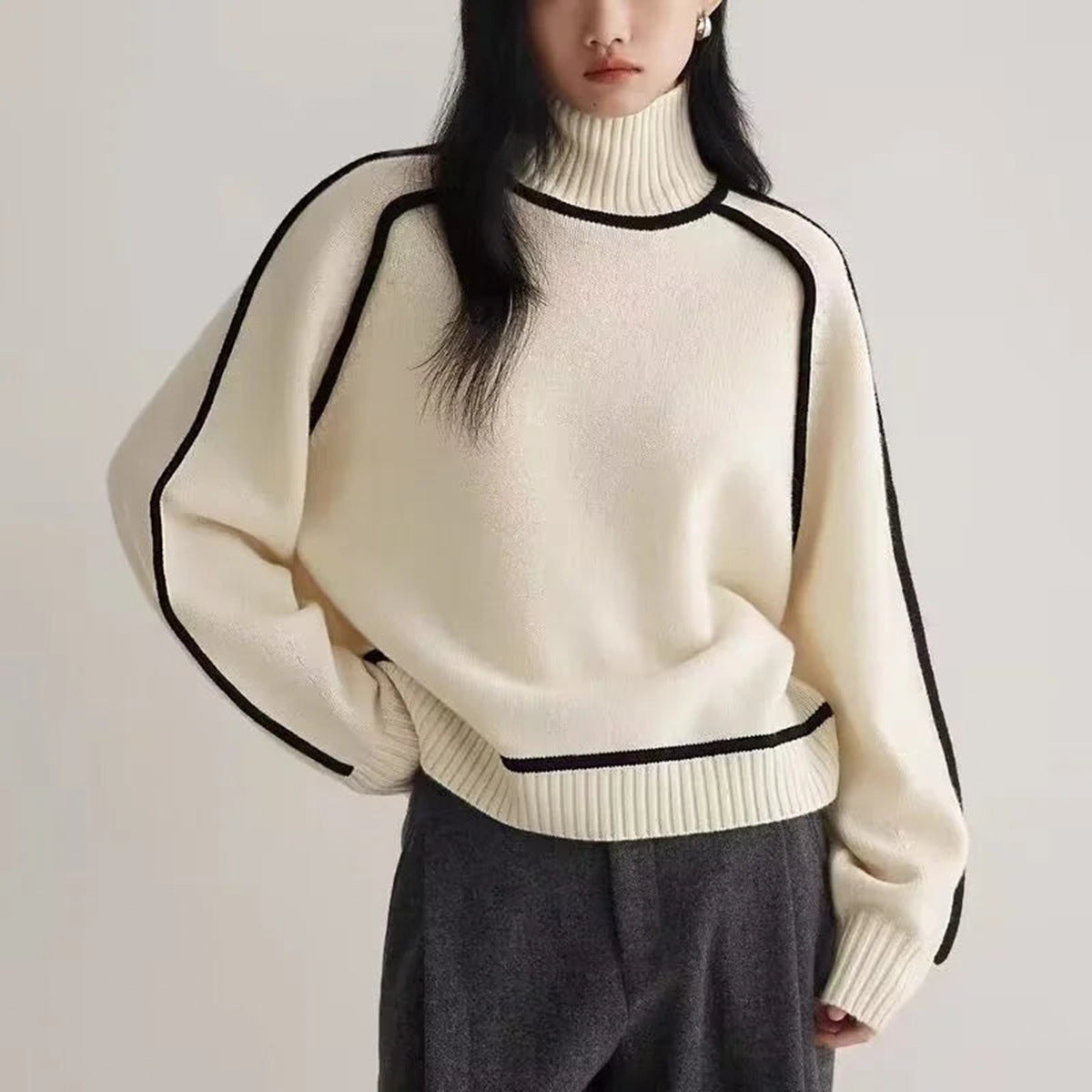 Women Sweater Half Turtleneck with Shoulder Sleeve Top Elegant Line Thread Bottoming Sweater for Women - ALTARIA