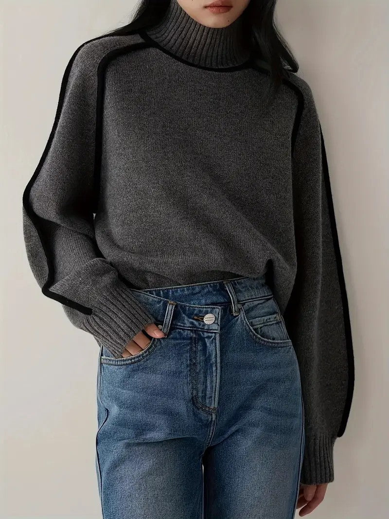 Women Sweater Half Turtleneck with Shoulder Sleeve Top Elegant Line Thread Bottoming Sweater for Women - ALTARIA