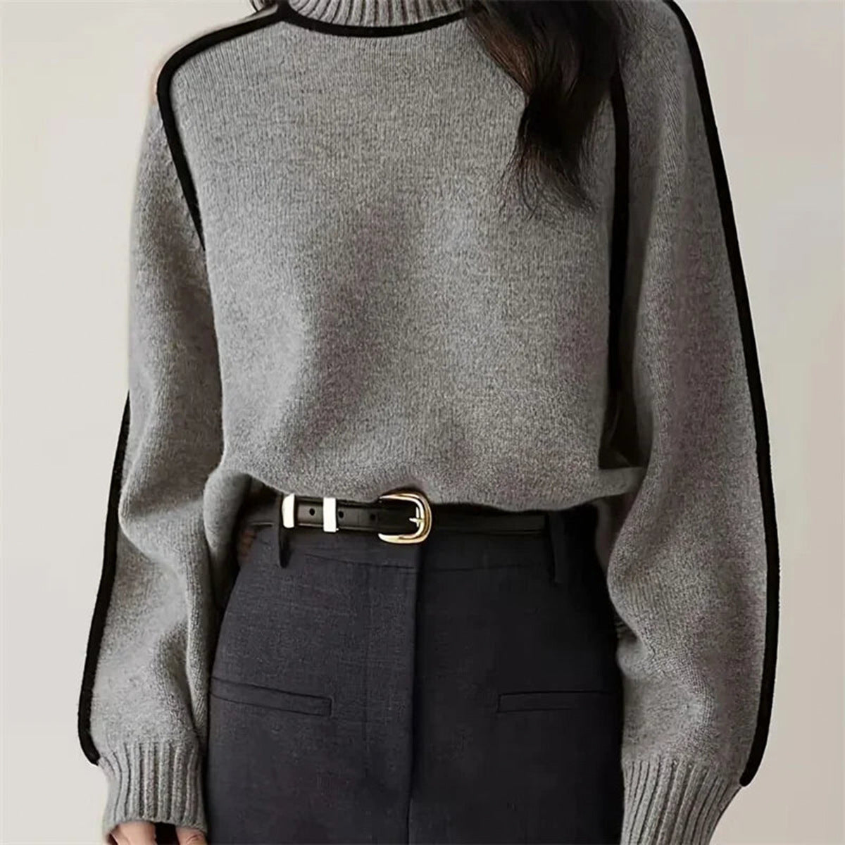 Women Sweater Half Turtleneck with Shoulder Sleeve Top Elegant Line Thread Bottoming Sweater for Women - ALTARIA