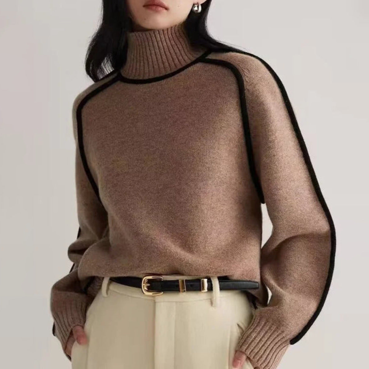 Women Sweater Half Turtleneck with Shoulder Sleeve Top Elegant Line Thread Bottoming Sweater for Women - ALTARIA