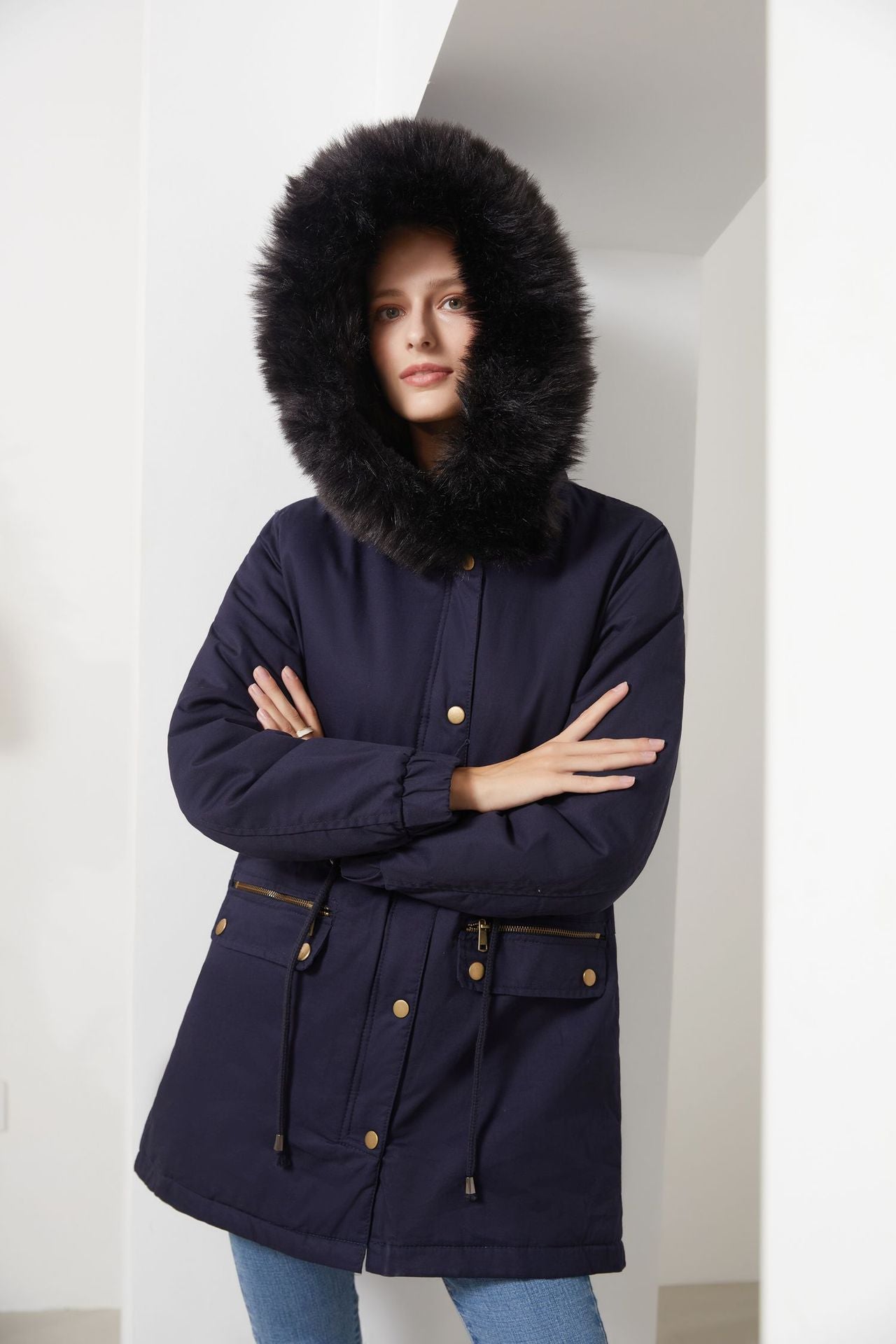 Autumn Winter Parka Women Fleece Lined Coat Women with Fur Collar Hooded Warm Jacket Loose Cotton Coat Plus Size - ALTARIA