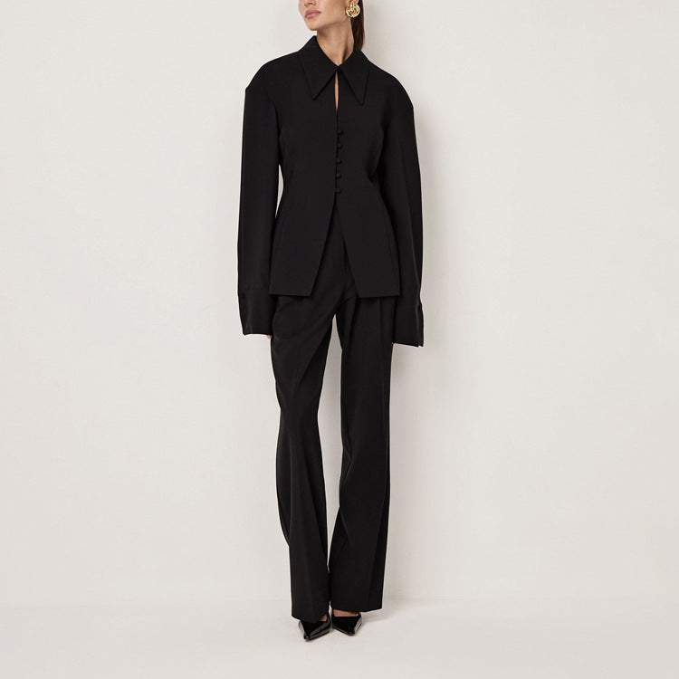 Black Sets Women Collared Long Sleeve Slim Jacket Casual Pants Office Two Piece Sets - ALTARIA