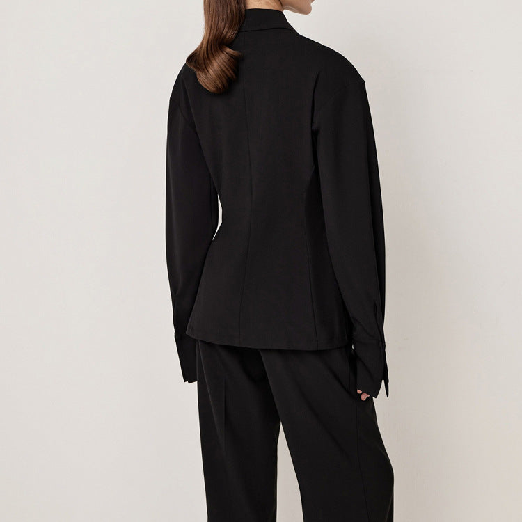 Black Sets Women Collared Long Sleeve Slim Jacket Casual Pants Office Two Piece Sets - ALTARIA