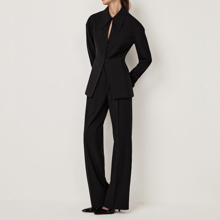 Black Sets Women Collared Long Sleeve Slim Jacket Casual Pants Office Two Piece Sets - ALTARIA