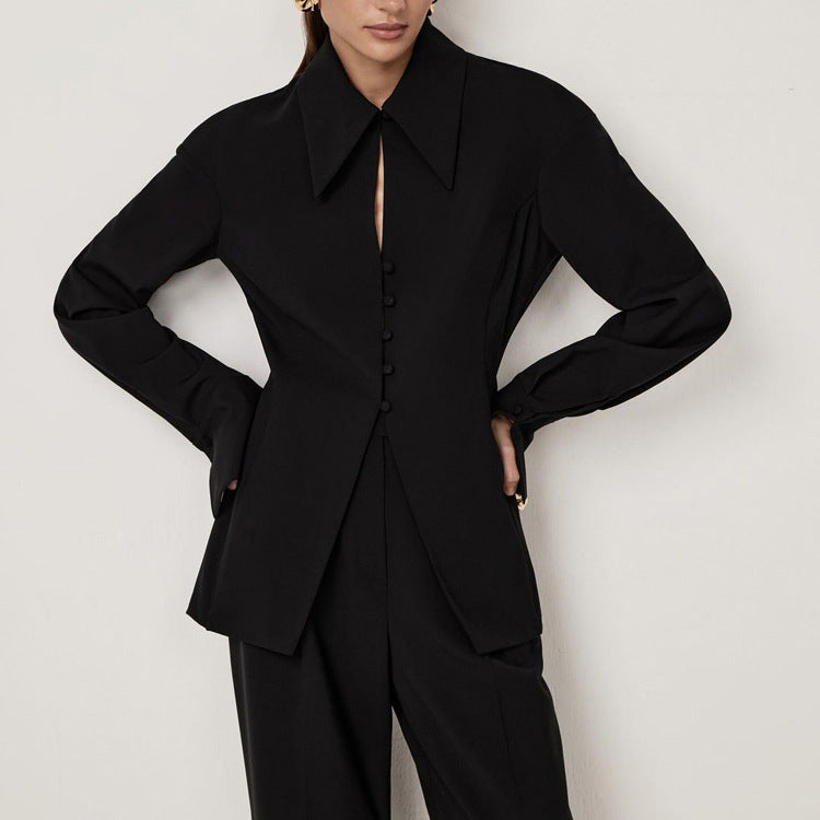 Black Sets Women Collared Long Sleeve Slim Jacket Casual Pants Office Two Piece Sets - ALTARIA