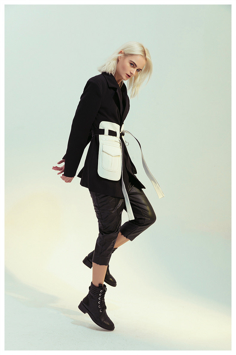 Black White Glue Pieces Retro Nostalgic Black White Contrast Color Tight Waist Mid-Length Small Blazers - ALTARIA