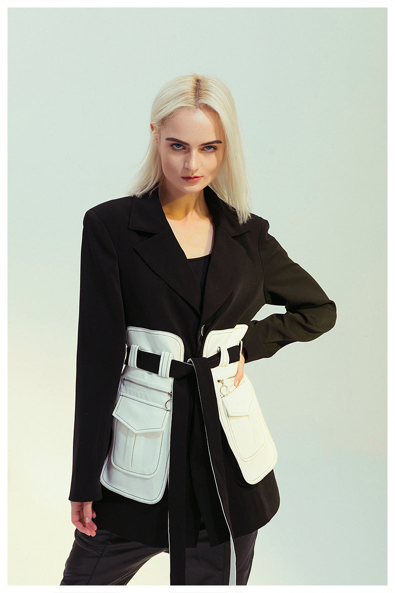 Black White Glue Pieces Retro Nostalgic Black White Contrast Color Tight Waist Mid-Length Small Blazers - ALTARIA