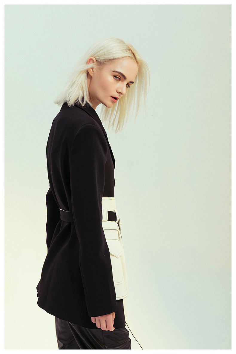 Black White Glue Pieces Retro Nostalgic Black White Contrast Color Tight Waist Mid-Length Small Blazers - ALTARIA