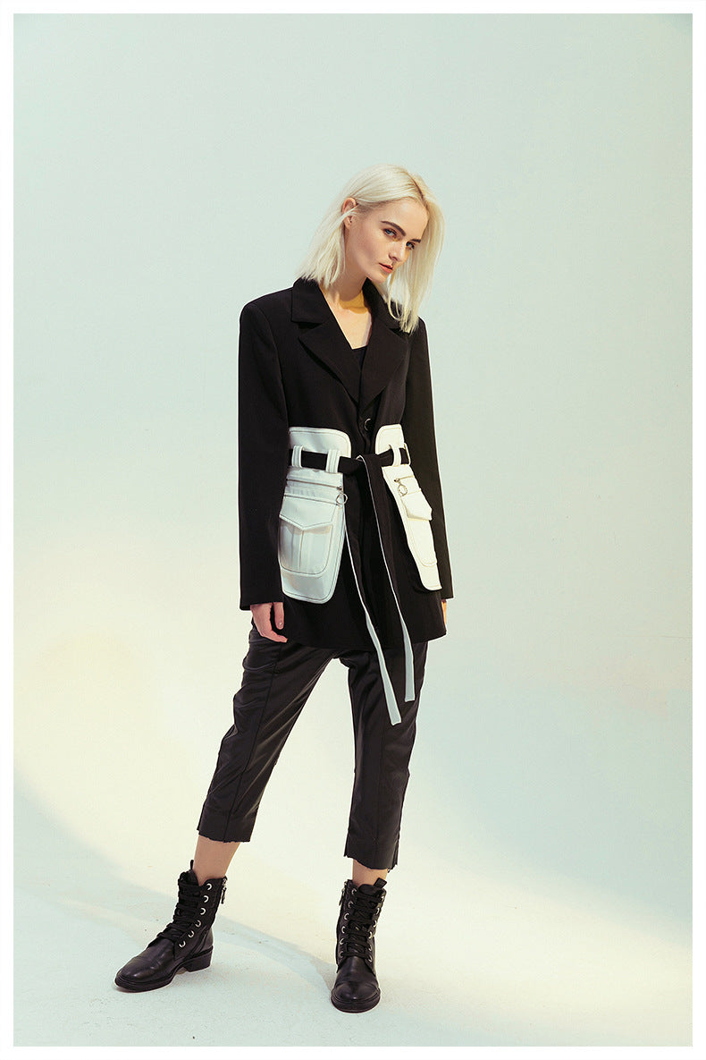 Black White Glue Pieces Retro Nostalgic Black White Contrast Color Tight Waist Mid-Length Small Blazers - ALTARIA