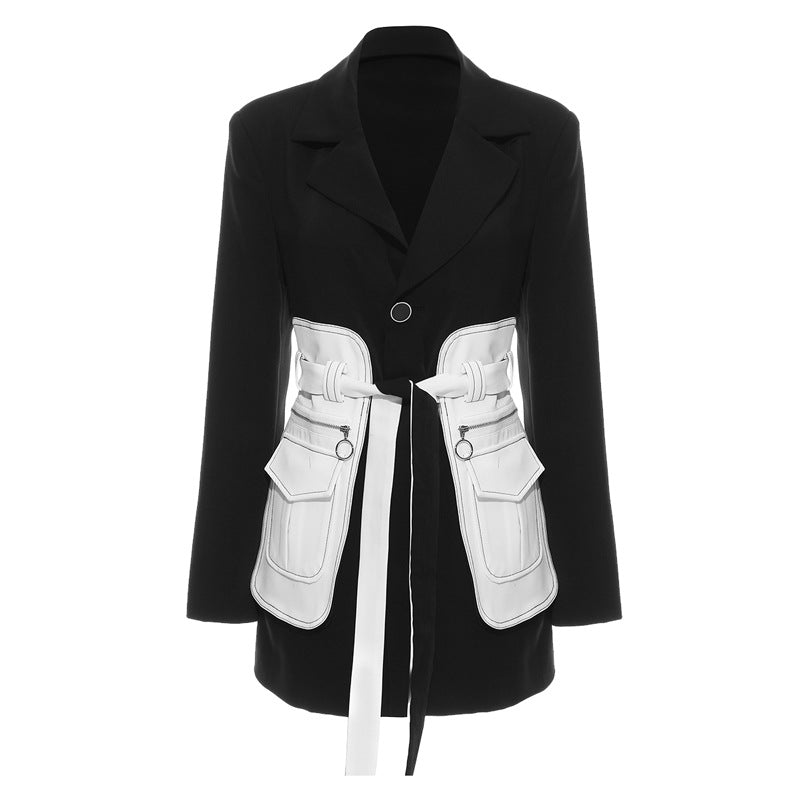 Black White Glue Pieces Retro Nostalgic Black White Contrast Color Tight Waist Mid-Length Small Blazers - ALTARIA