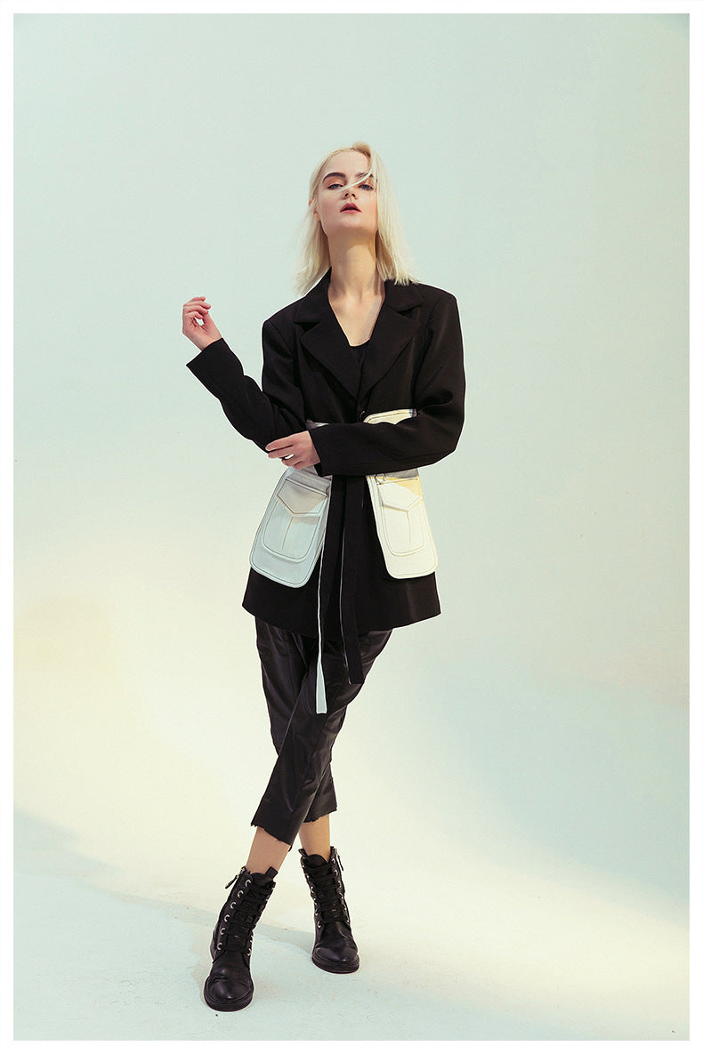 Black White Glue Pieces Retro Nostalgic Black White Contrast Color Tight Waist Mid-Length Small Blazers - ALTARIA