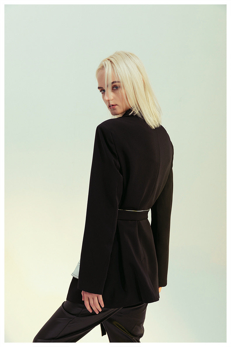 Black White Glue Pieces Retro Nostalgic Black White Contrast Color Tight Waist Mid-Length Small Blazers - ALTARIA