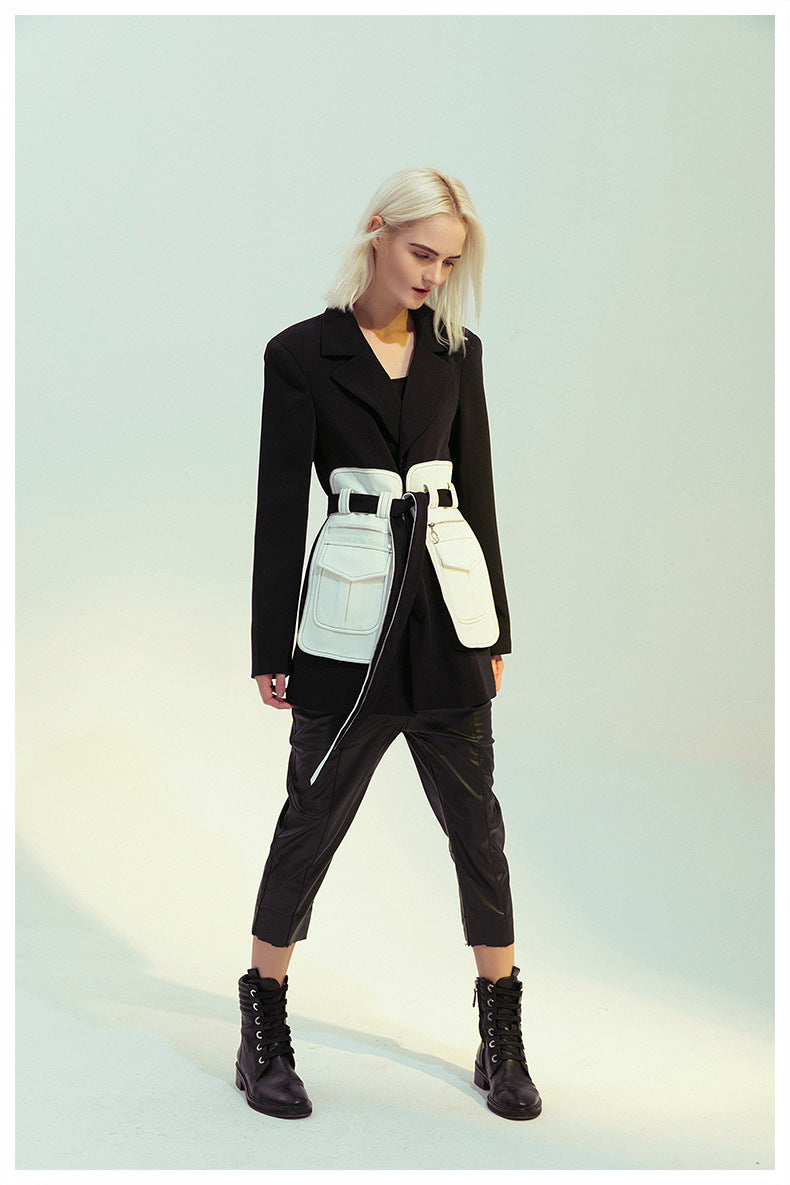 Black White Glue Pieces Retro Nostalgic Black White Contrast Color Tight Waist Mid-Length Small Blazers - ALTARIA
