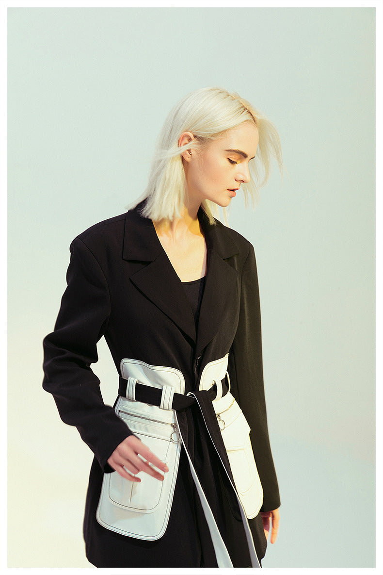 Black White Glue Pieces Retro Nostalgic Black White Contrast Color Tight Waist Mid-Length Small Blazers - ALTARIA