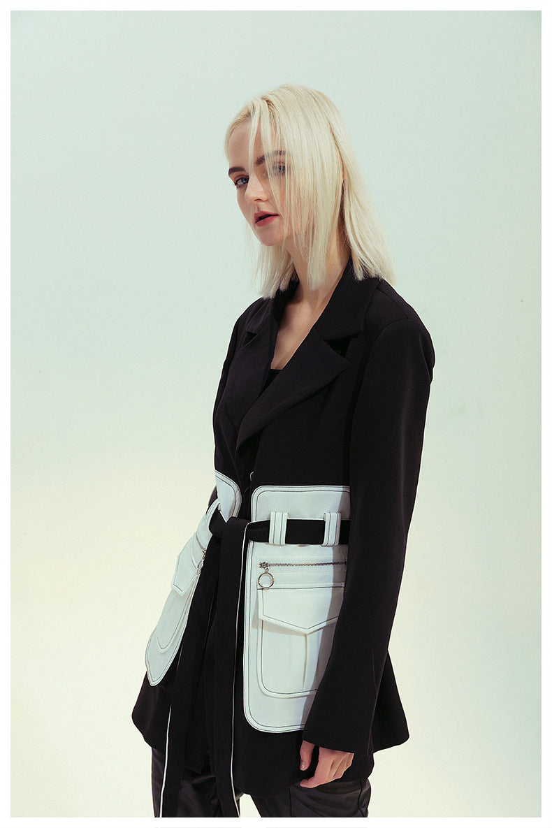 Black White Glue Pieces Retro Nostalgic Black White Contrast Color Tight Waist Mid-Length Small Blazers - ALTARIA