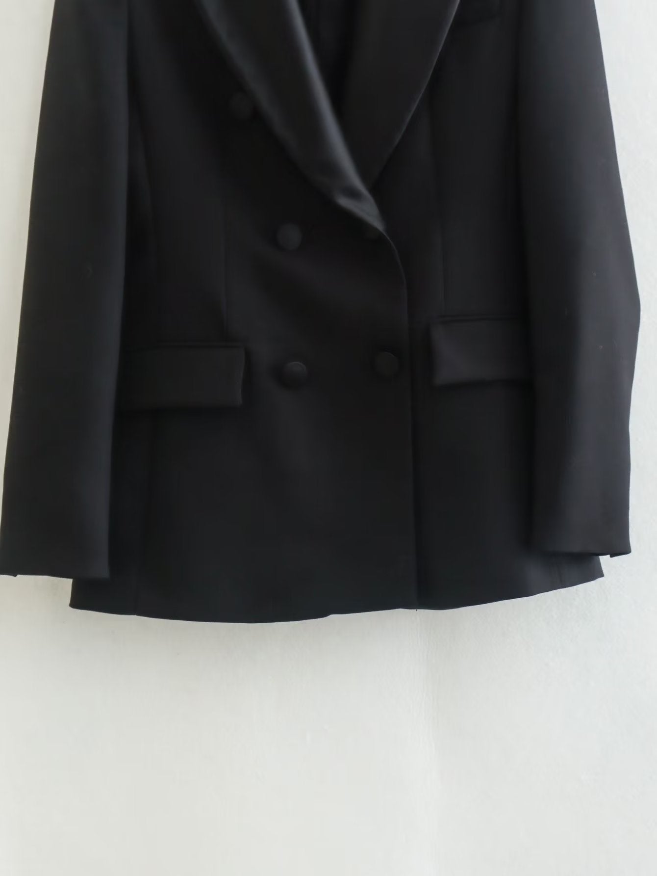 Double Breasted Design Silk Satin Padded Shoulder Long Sleeve Women Spring Autumn Coat Women Clothing - ALTARIA