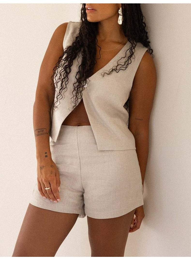 Retro Casual Top Women Summer Irregular Asymmetric V neck Vest Lazy Short Cotton Linen Vest - ALTARIA