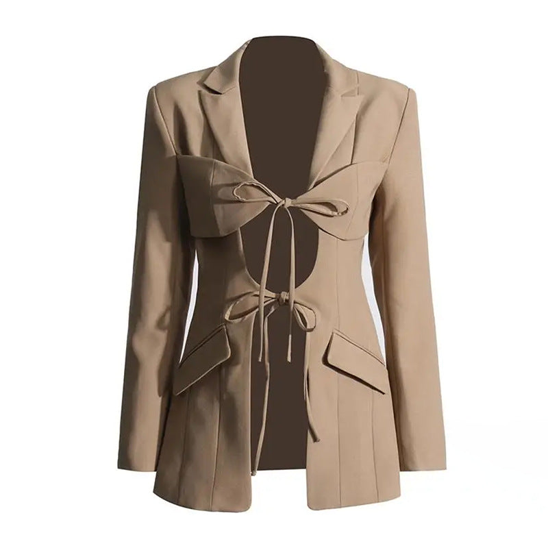 Spring Sexy V Neck Lace-up Hollow Out Cutout Waist Irregular Asymmetric Stitching Design Blazer for Women - ALTARIA