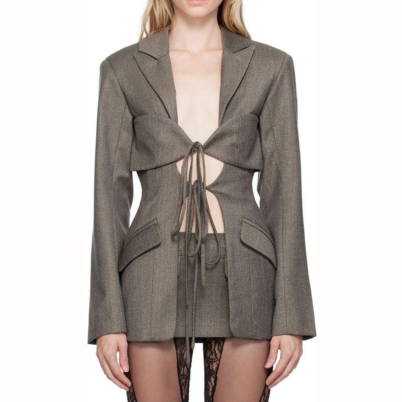 Spring Sexy V Neck Lace-up Hollow Out Cutout Waist Irregular Asymmetric Stitching Design Blazer for Women - ALTARIA