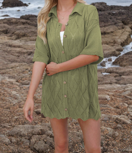 Spring Summer Women Clothing Collared Loose Casual Cardigan Short Sleeve Knitwear - ALTARIA