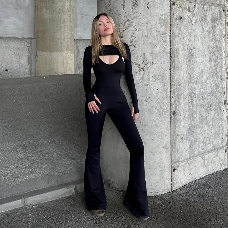 Spring Women Solid Color Long Sleeve Tight Braces Hip Lifting Jumpsuit Two Piece Set - ALTARIA