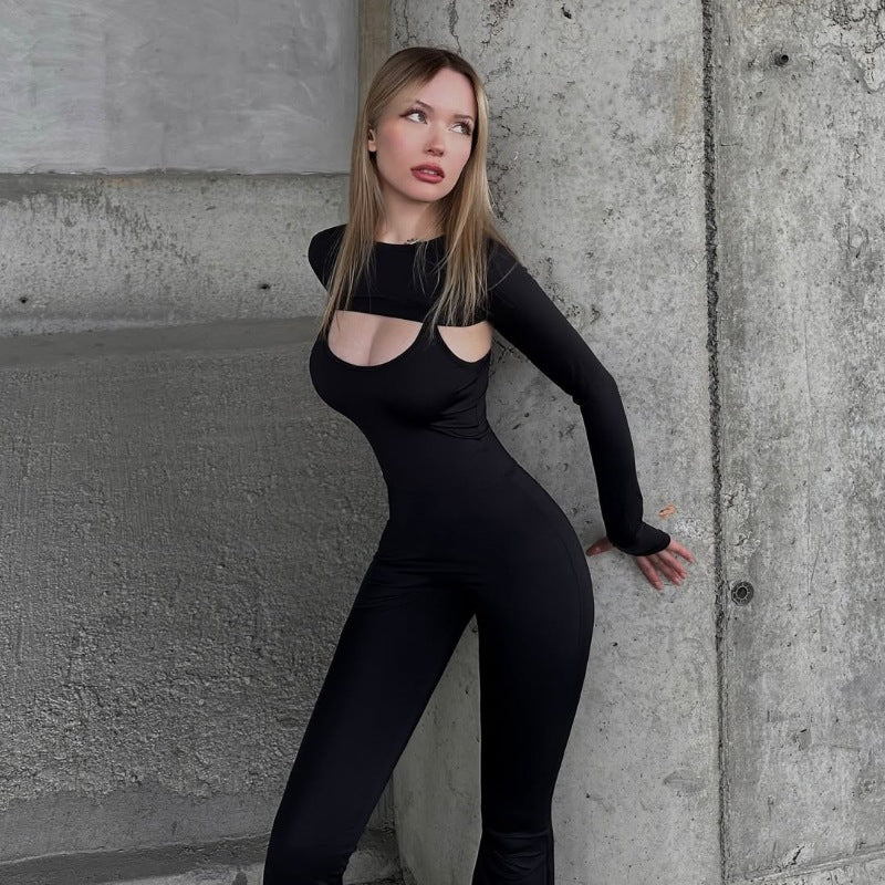 Spring Women Solid Color Long Sleeve Tight Braces Hip Lifting Jumpsuit Two Piece Set - ALTARIA