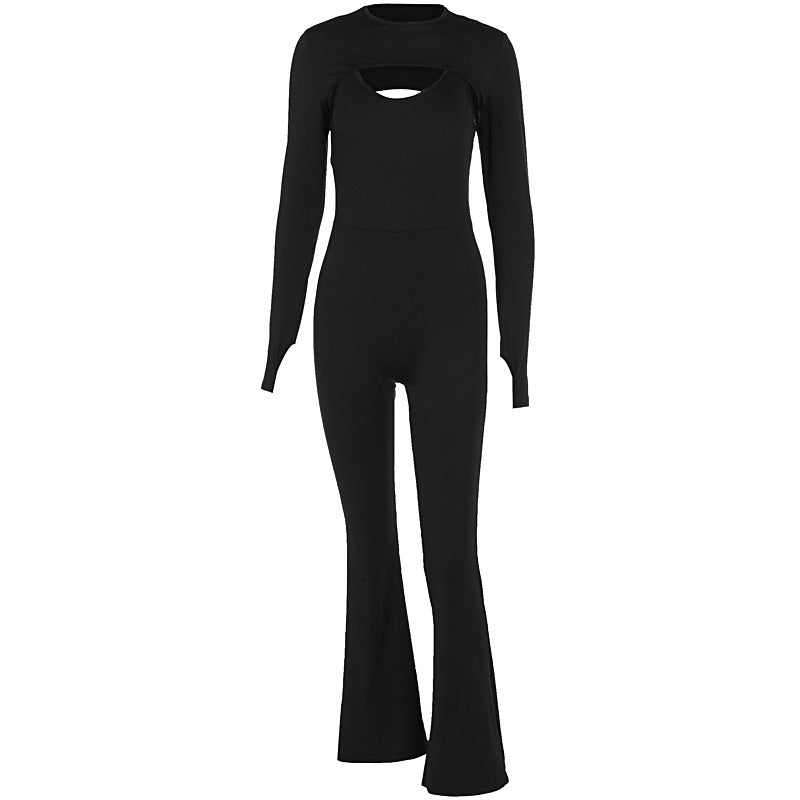 Spring Women Solid Color Long Sleeve Tight Braces Hip Lifting Jumpsuit Two Piece Set - ALTARIA