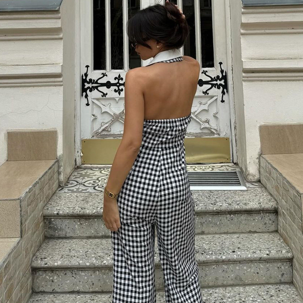 Sexy Backless Hollow Out Cutout out Loose Waist Blouse Collar Zipper Plaid Jumpsuit Wide Leg Pants - ALTARIA