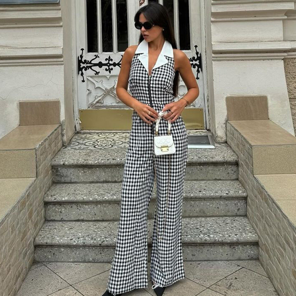 Sexy Backless Hollow Out Cutout out Loose Waist Blouse Collar Zipper Plaid Jumpsuit Wide Leg Pants - ALTARIA
