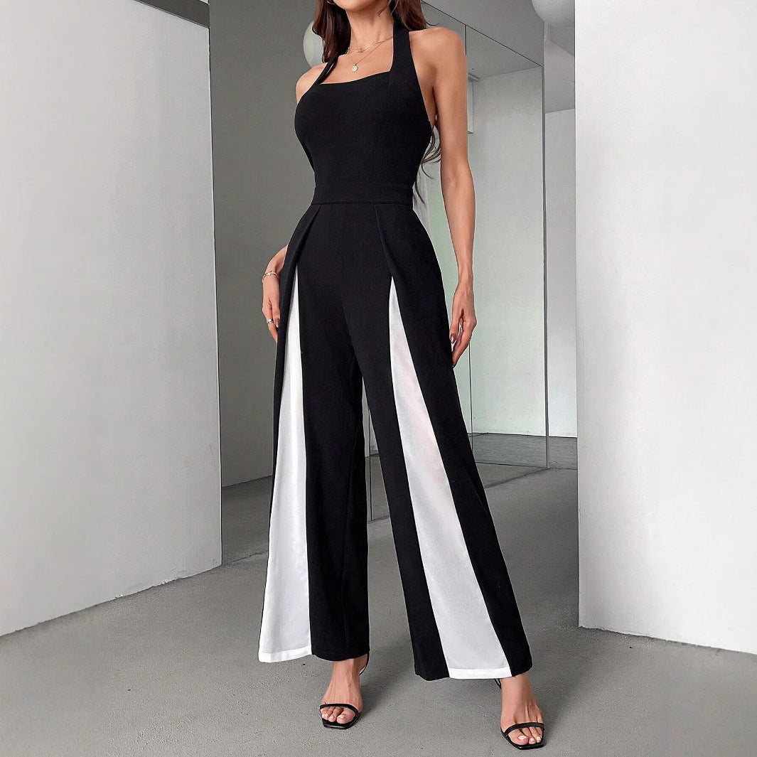 Women Backless Waist Trimming Jumpsuit Black White Color Matching Straight Halter Jumpsuit - ALTARIA