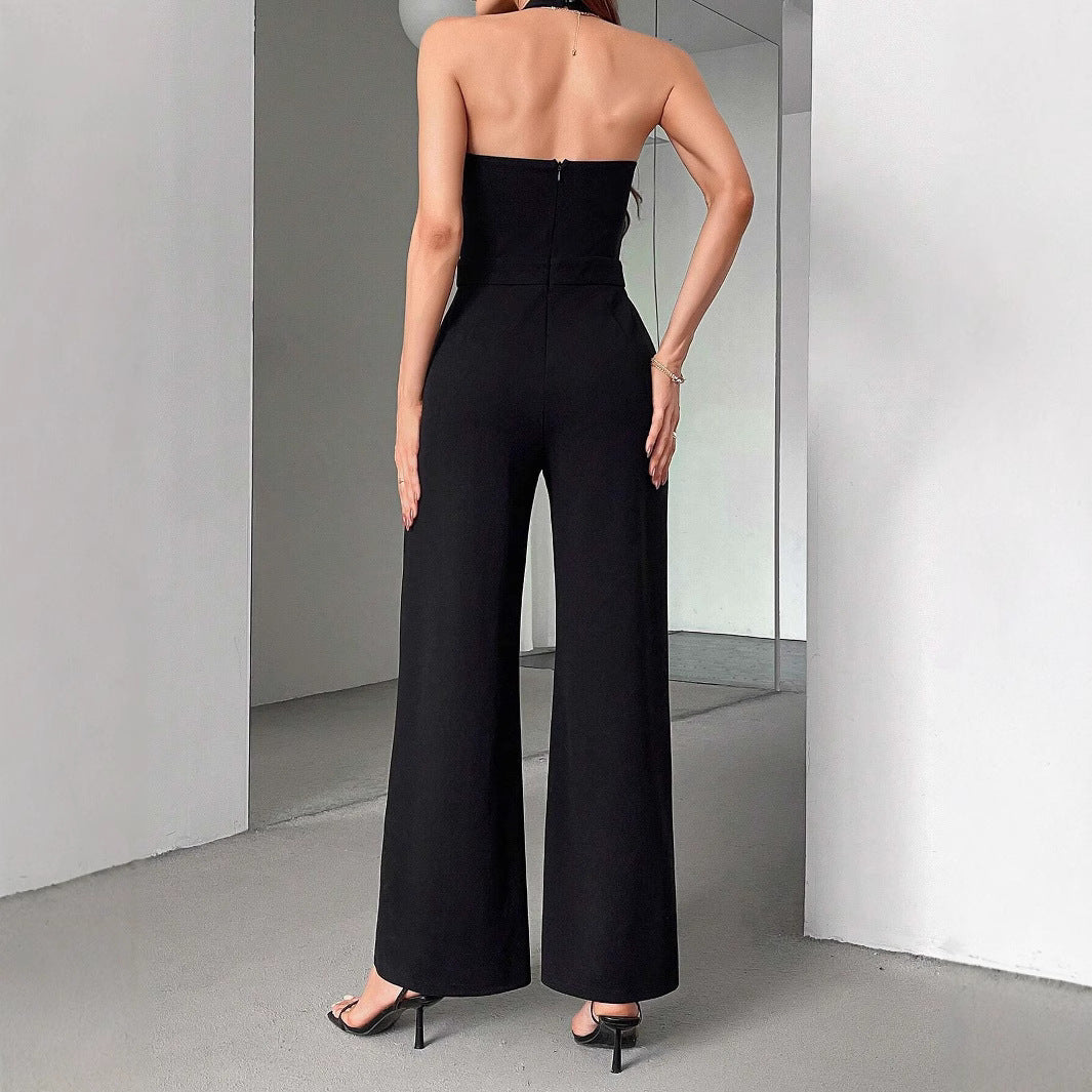 Women Backless Waist Trimming Jumpsuit Black White Color Matching Straight Halter Jumpsuit - ALTARIA