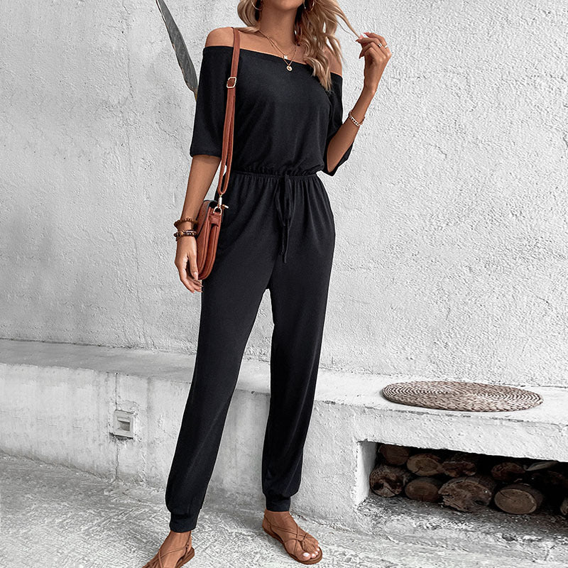 Women Casual Vacation Jumpsuit off Shoulder Solid Color One Piece Trousers - ALTARIA