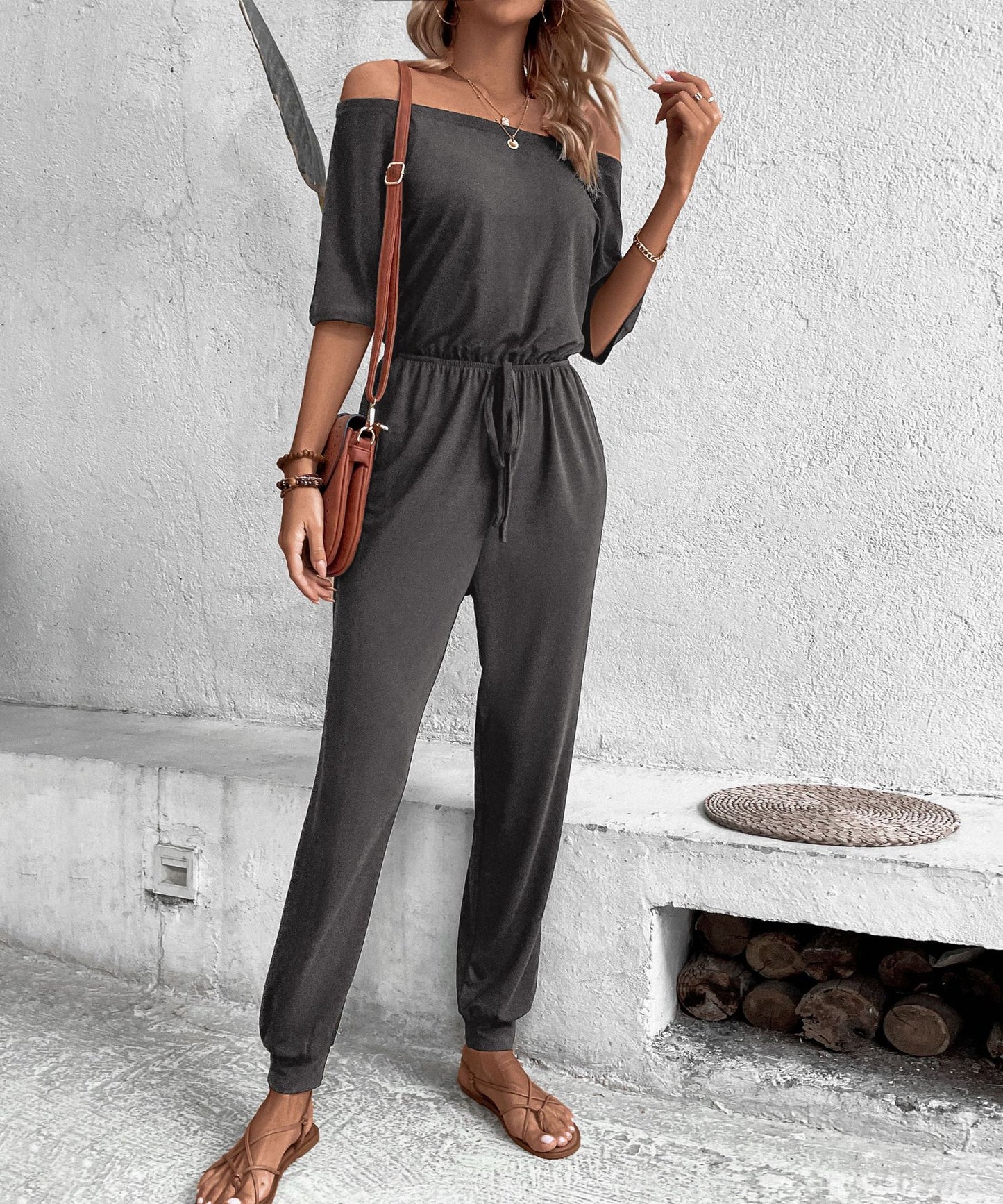 Women Casual Vacation Jumpsuit off Shoulder Solid Color One Piece Trousers - ALTARIA
