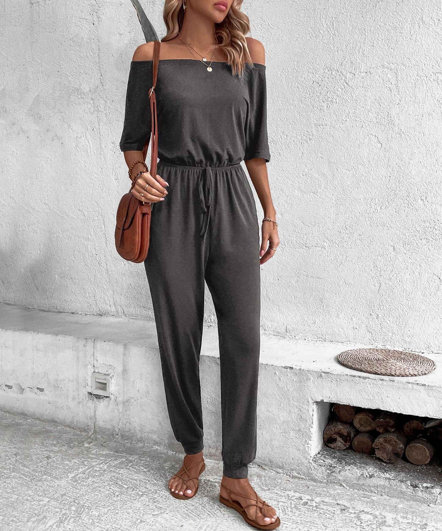 Women Casual Vacation Jumpsuit off Shoulder Solid Color One Piece Trousers - ALTARIA