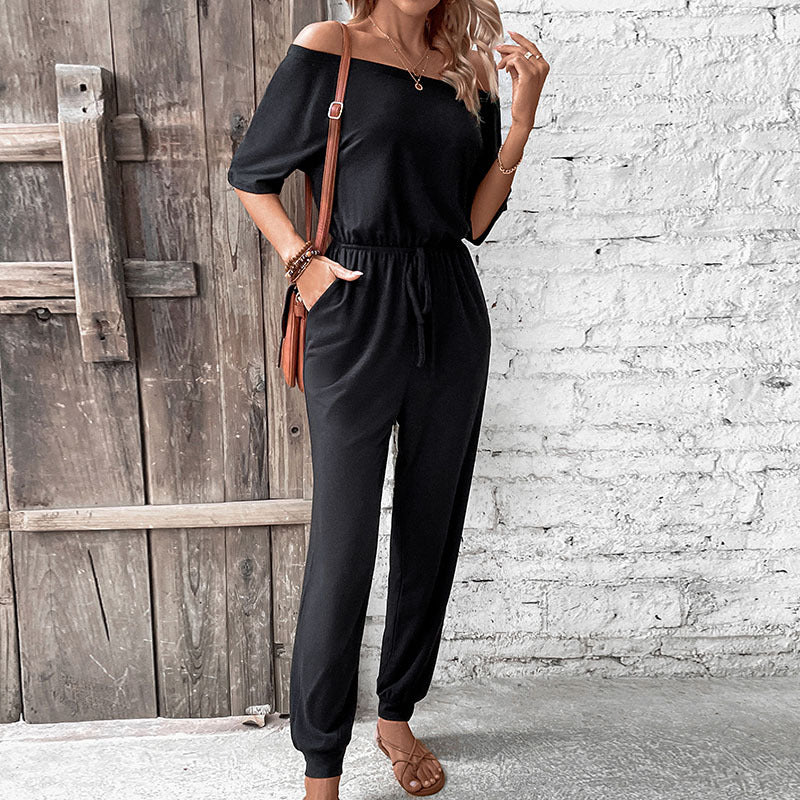 Women Casual Vacation Jumpsuit off Shoulder Solid Color One Piece Trousers - ALTARIA