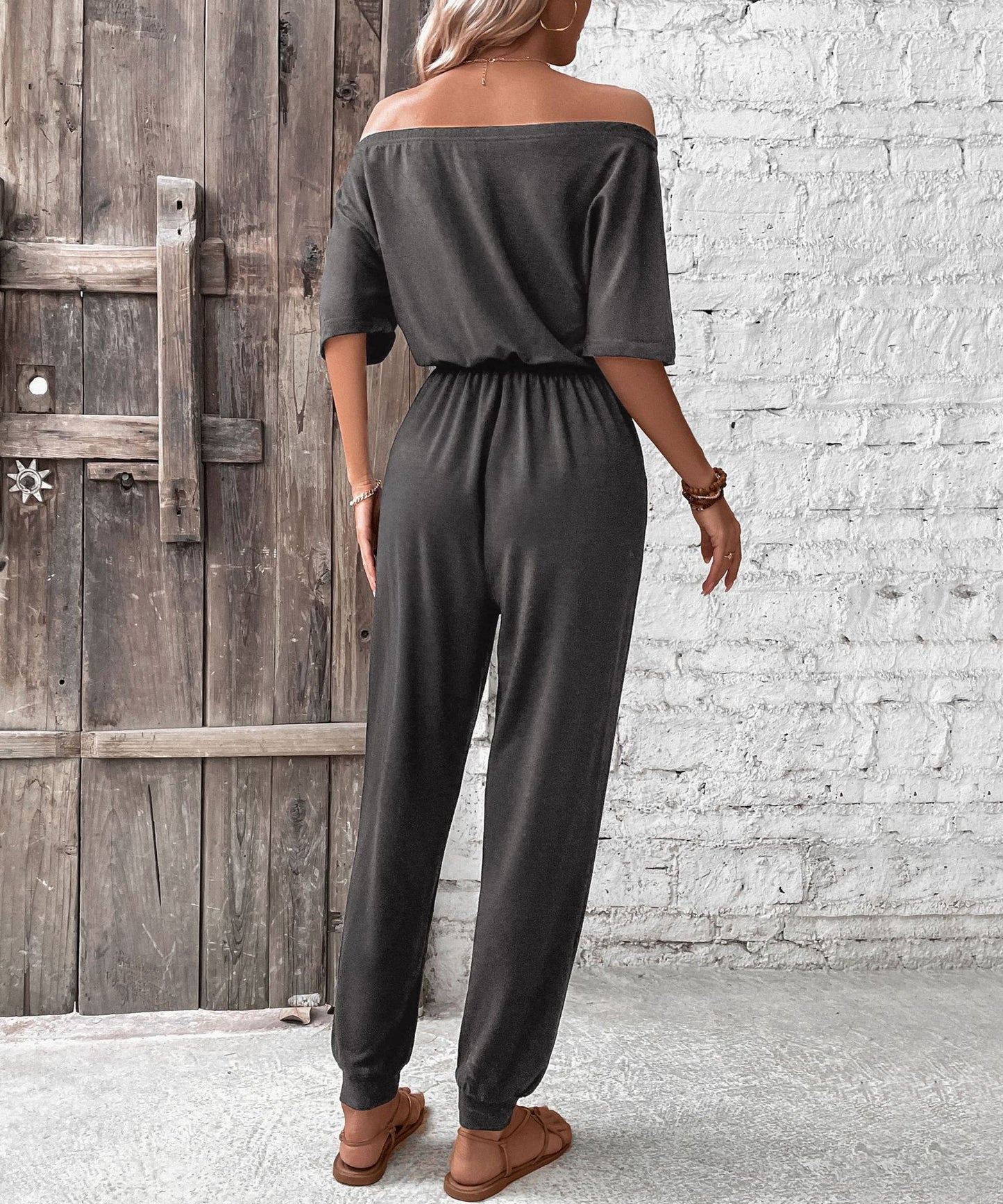 Women Casual Vacation Jumpsuit off Shoulder Solid Color One Piece Trousers - ALTARIA