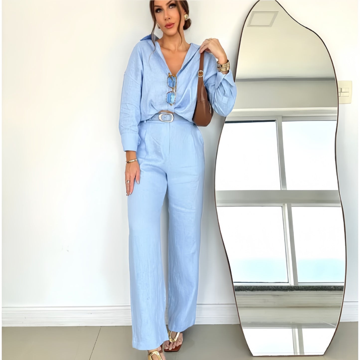 Women Clothing Cotton Linen Solid Color Loose Long Sleeves Shirt Casual Work Pant Two Piece Sets - ALTARIA