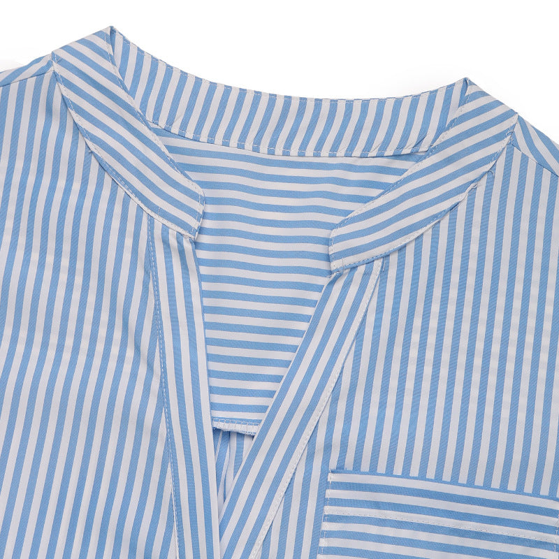 Casual Jumpsuit Sleeveless V neck Blue White Vertical Striped Jumpsuit - ALTARIA