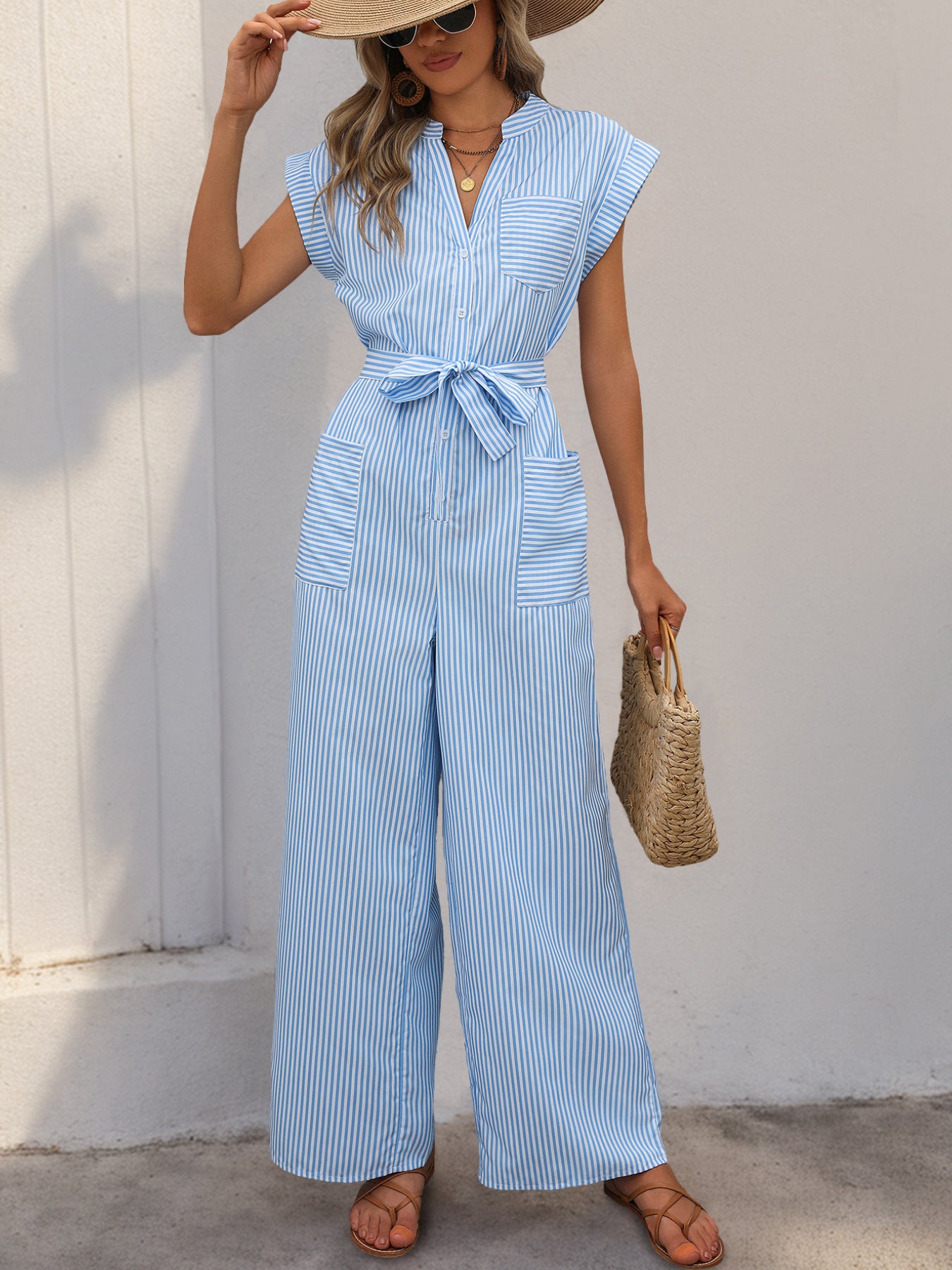 Casual Jumpsuit Sleeveless V neck Blue White Vertical Striped Jumpsuit - ALTARIA