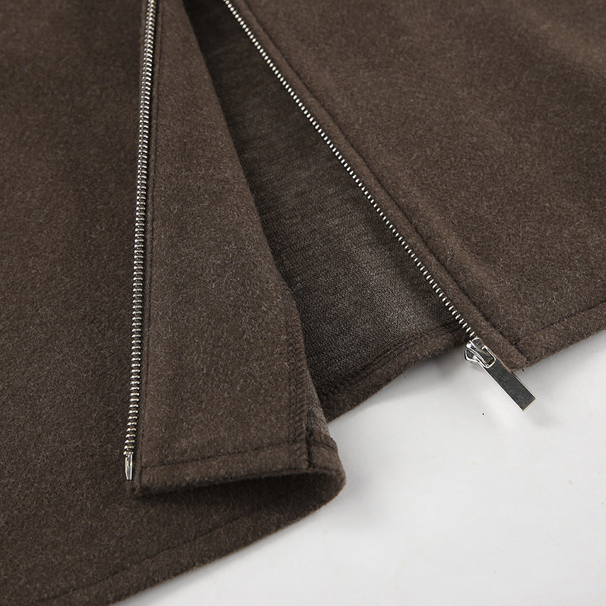 Autumn Winter Polo Collar Long Sleeve Zipper Woolen Coat Loose Casual Women Jacket - ALTARIA