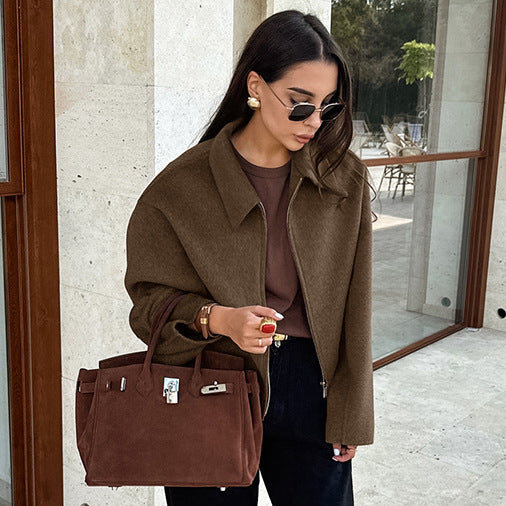 Autumn Winter Polo Collar Long Sleeve Zipper Woolen Coat Loose Casual Women Jacket - ALTARIA