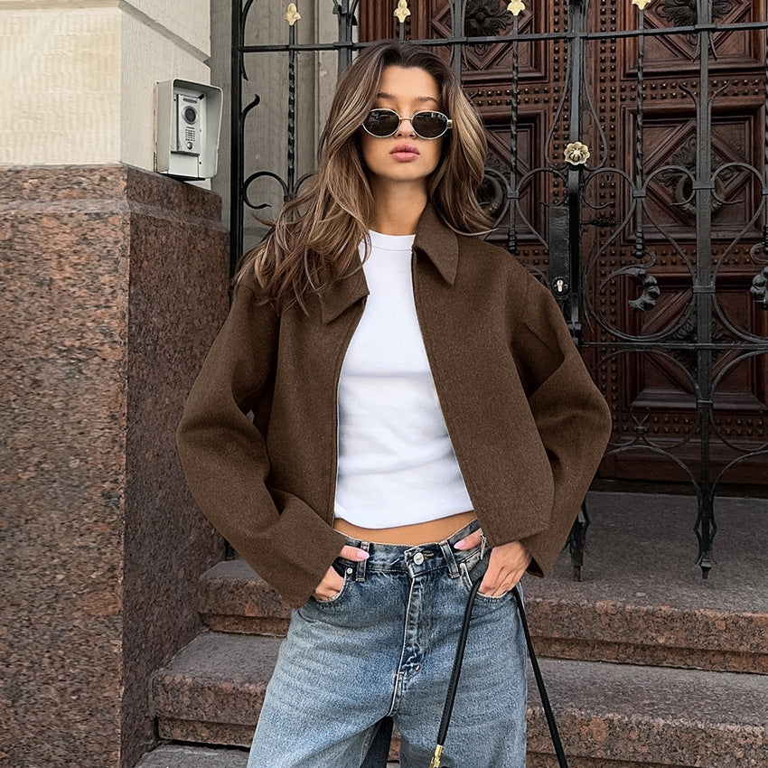 Autumn Winter Polo Collar Long Sleeve Zipper Woolen Coat Loose Casual Women Jacket - ALTARIA