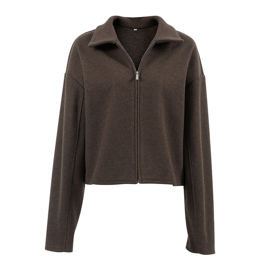 Autumn Winter Polo Collar Long Sleeve Zipper Woolen Coat Loose Casual Women Jacket - ALTARIA
